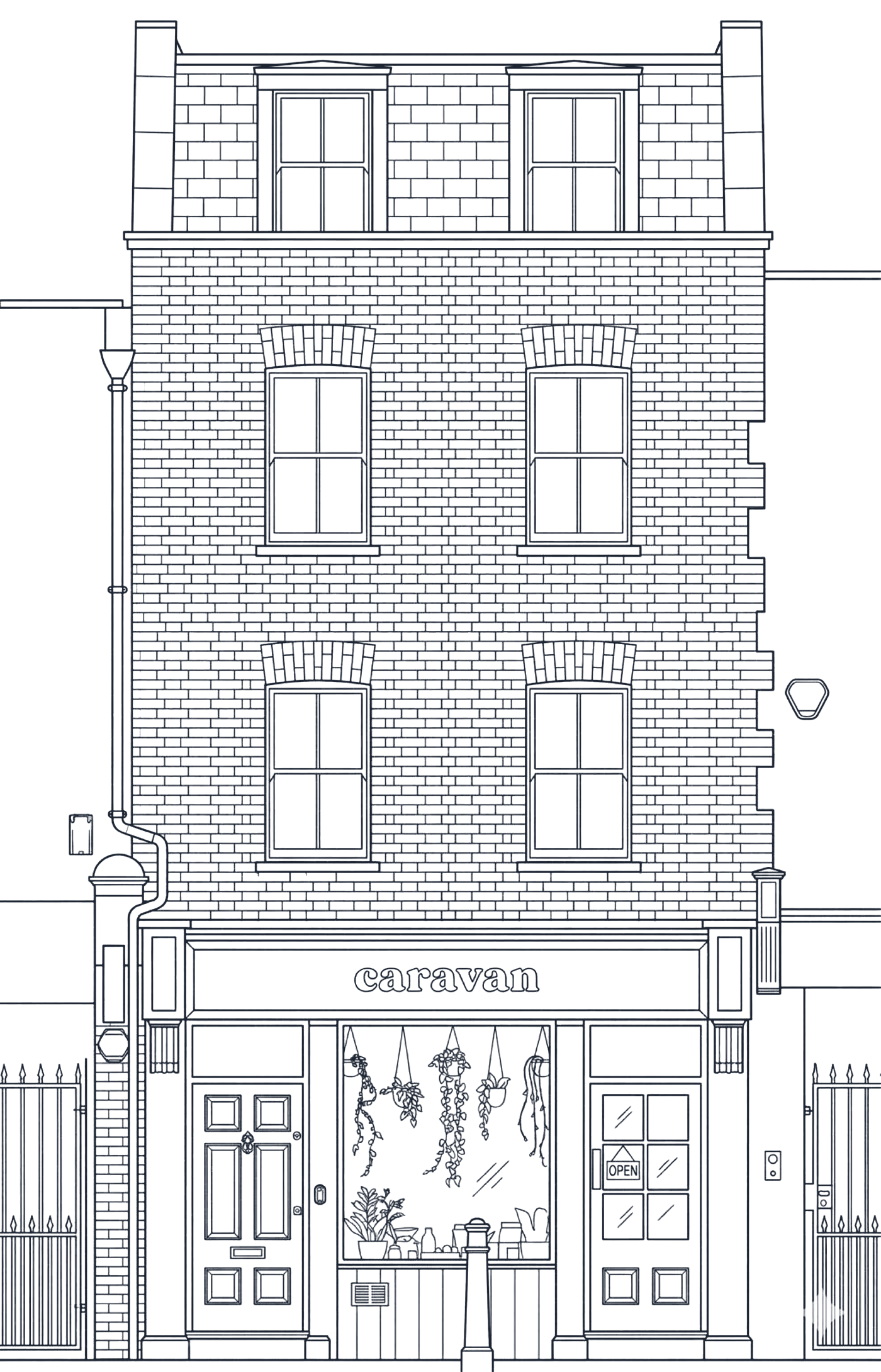 Line drawing of the Caravan shop front on Globe Road: a three-storey brick terrace with the caravan sign above the window and door.